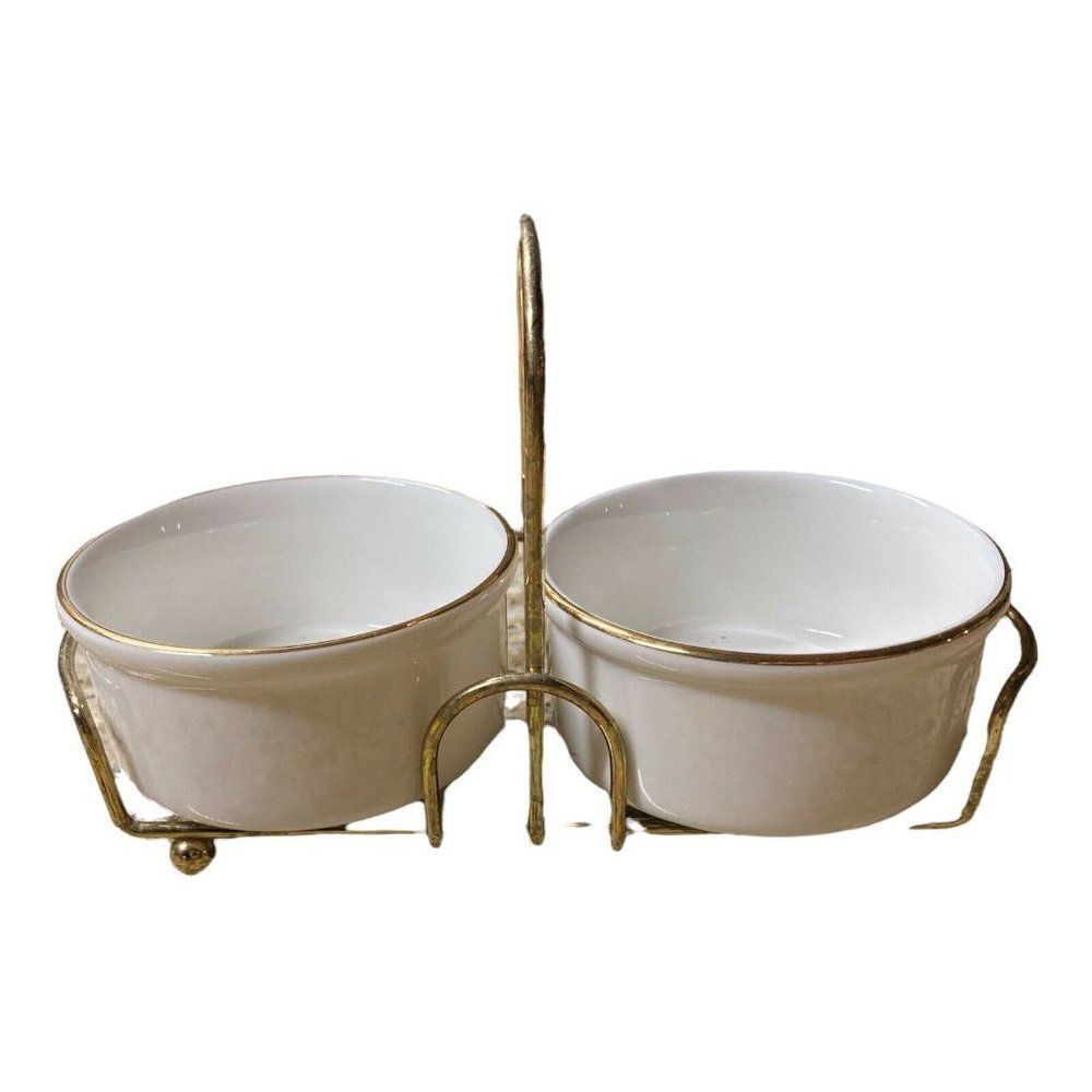 Vintage 3 Piece Set Royal Vale White w/Gold Edge Relish Marmalade Ramekin Caddy